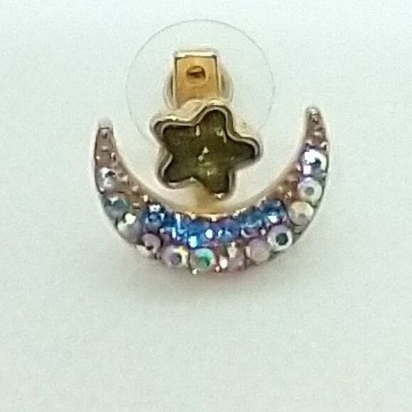 Star and Moon Earrings Rhinestones Posts Gold Tone - Picture 1 of 7